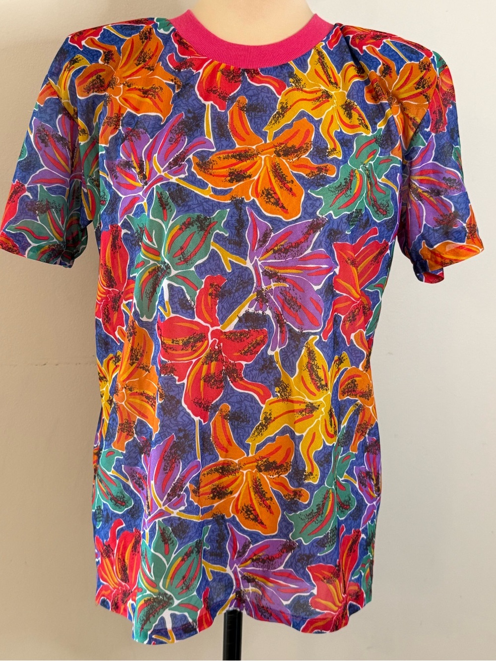 Laurissa vintage vibrant short sleeve floral top shoulder pads SZ SM